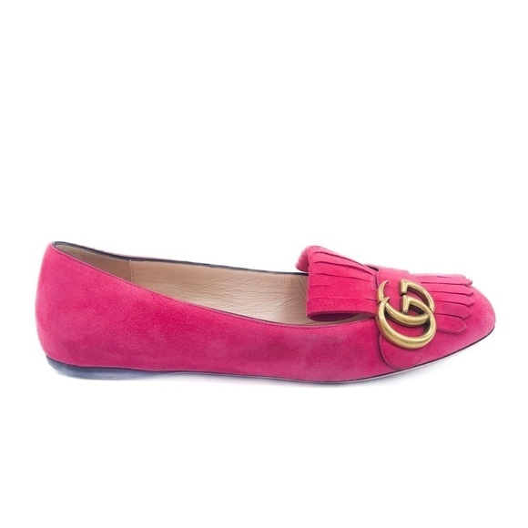 Gucci Kid Scamosciato GG Marmont Suede Fringe Flats Hot Pink 36.5 - Picture 3 of 9